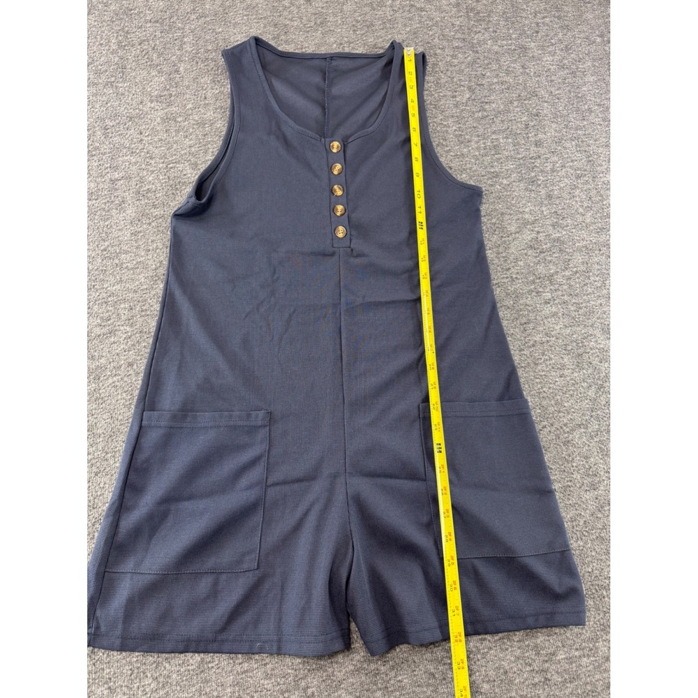 Waffle Knit Henley Romper Navy Blue Sleeveless Pocketed Jumpsuit Women Large - Picture 3 of 9